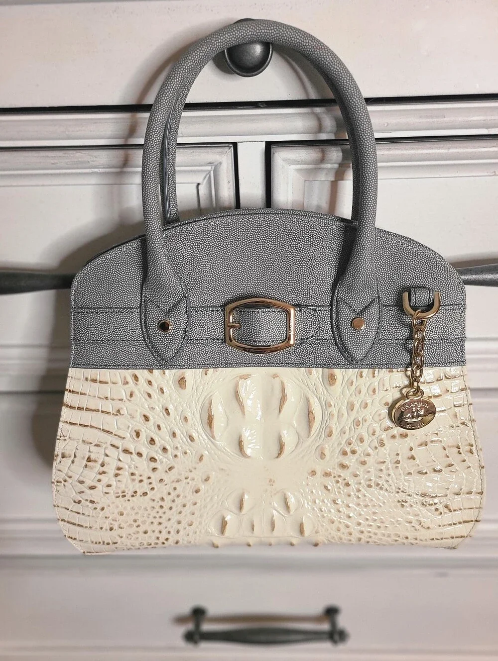 BRAHMIN-Gray and Cream Croc-Geniune Leather Satchel with Gold Accent